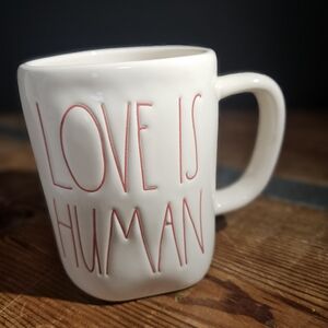 Rae Dunn Cream Ceramic Mug with Pink Lettering